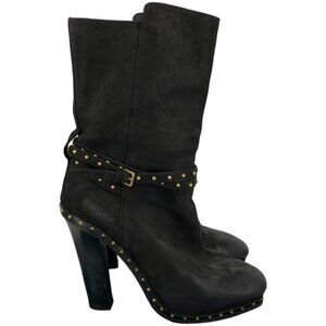 Miu Miu Black Leather Heeled Booties w Gold Studs and Studded Belt Detail size 8